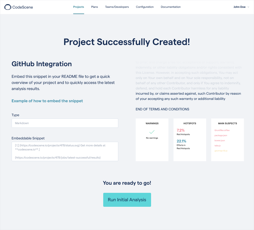 CodeScene generates an embeddable text snippet that lets you view your project status badge.