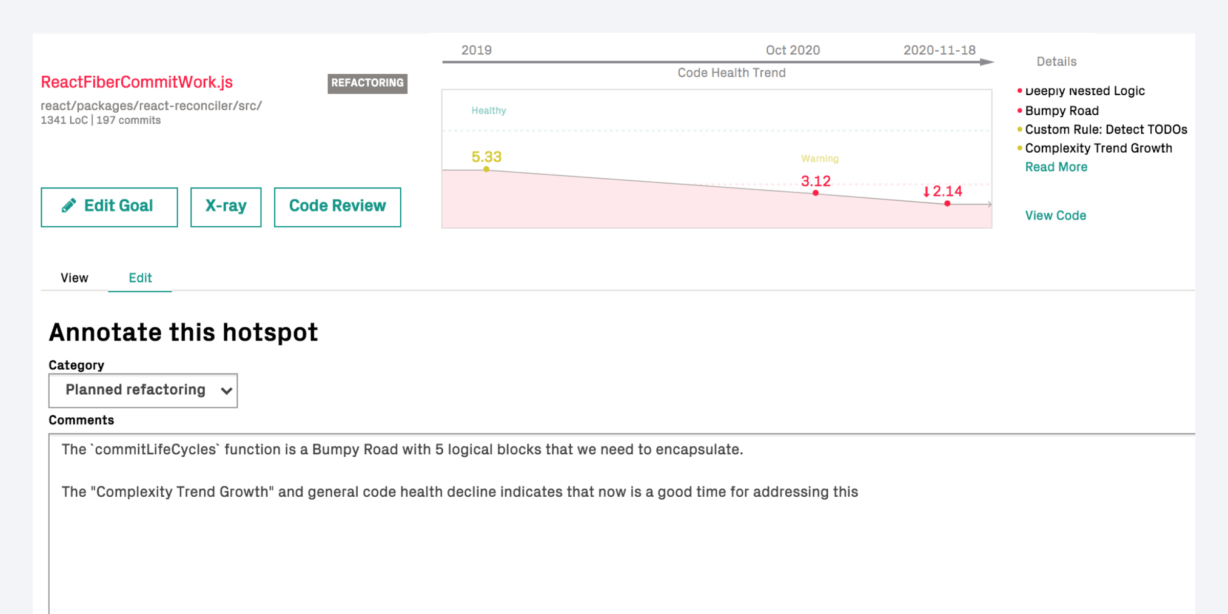Graphs showing how to specify goals on the prioritized hotspots in CodeScene.