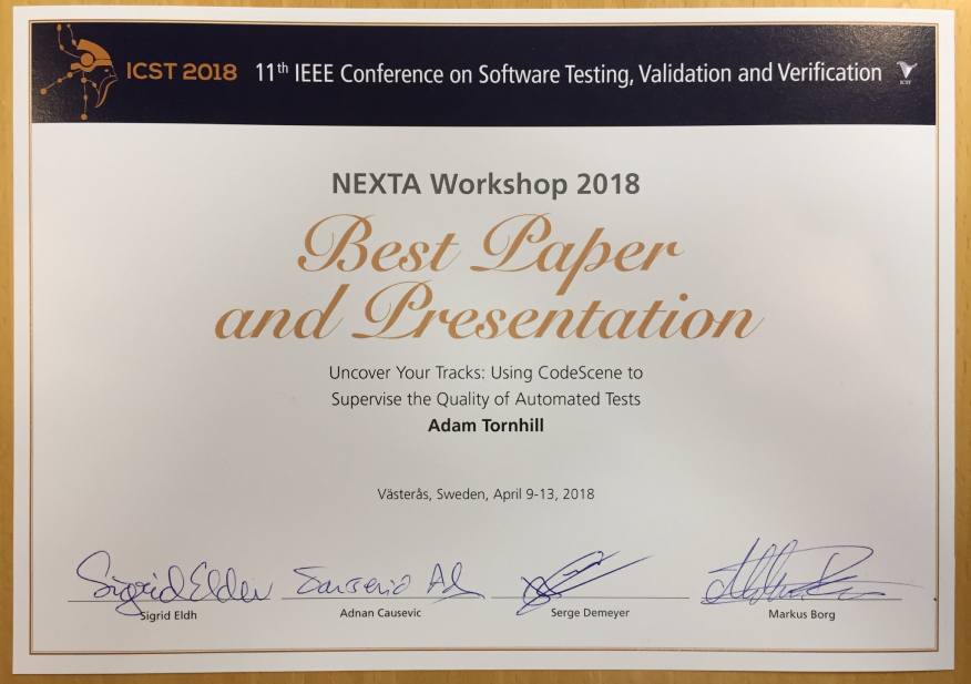 Our diploma for the research paper we wrote on how CodeScene can help with more efficient maintenance of automated tests.