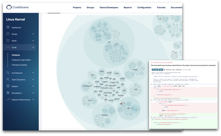 An example of a CodeScene walkthrough of the Linux Kernel, complete with auto-generated refactoring examples.