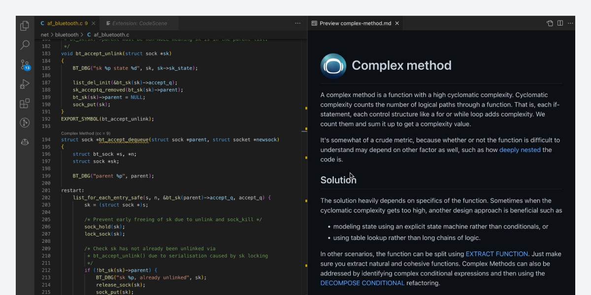 CodeScene's IDE Extension brings CodeHealth™ Analysis directly into your editor